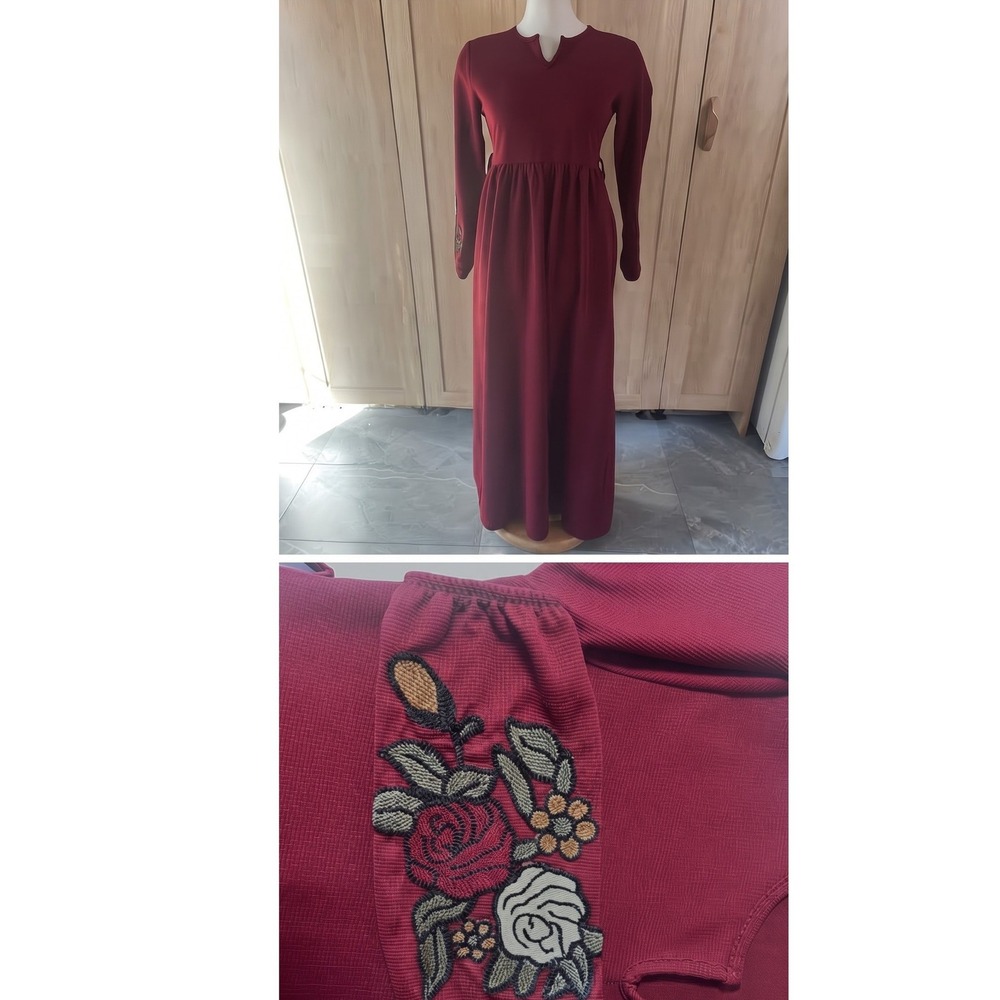 Polenss Burgundy Floral Embroidered Waffle Knit Maxi Dress Long Sleeve Size S-M